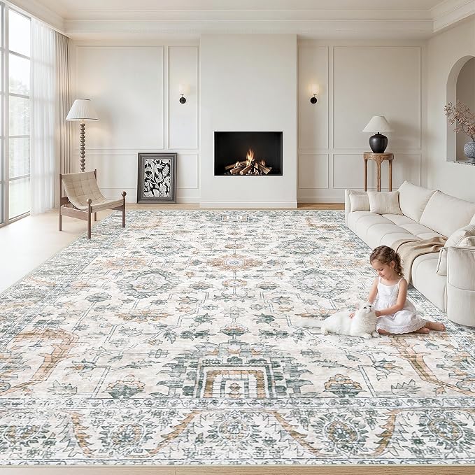 XLUEZ Area Rug 10x12 Living Room Rugs, Machine Washable Vintage Distressed Boho Area Rug Non-Slip Soft Low Pile Large Indoor Rugs for Bedroom Kitchen Dining Room Office(Brown Green,10'x12')