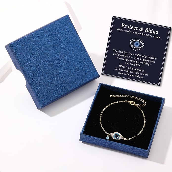 Evil Eye Bracelets for Women Gold Plated Dainty Chain Zirconia Turquoise Charm Adjustable Protective Lucky Link Bracelet Jewelry for Best Friends Sister Travel Birthday Just Because Gift
