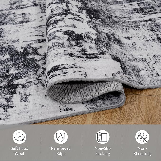 Rugflix 3x5 Entrance Rugs, Entry Rug Washable Non-Slip Stain-Resistant Low Pile, Small Modern Dark Carpet for Living Room Bedroom Indoor, Black Grey
