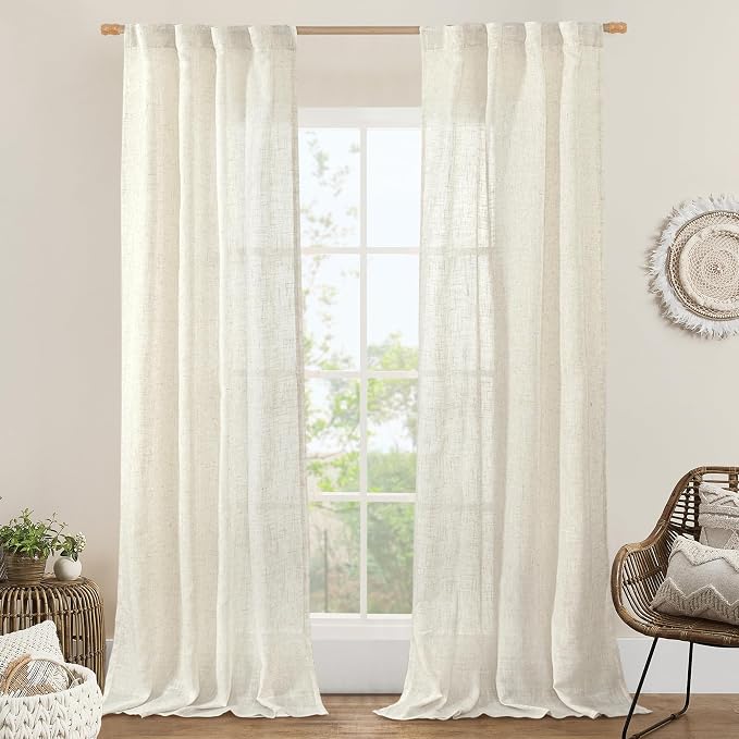 LAMIT Semi Sheer Linen Curtains 90 Inch Length, Cream Ivory Light Filtering Panels Back Tab and Rod Pocket Decor Drapes for Bedroom/Living Room, Natural, 2 Panels, 34 x 90 Inch