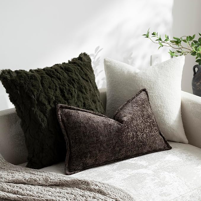 DEZENE Pack of 2 Chocolate Brown Decorative Throw Pillow Covers 12x20 Cozy Soft Chenille Accent Vintage Rectangular Lumbar Couch Pillow Covers for Home Decor Bed Sofa Living Room