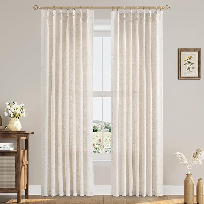 Aersas Natural Cream Pinch Pleated Linen Curtains 86 Inches Long for Living Room Bedroom Pinch Pleat with Hooks Back Tab Light Filtering Boho Farmhouse Semi Sheer 86 Inch Curtain for Dining Room