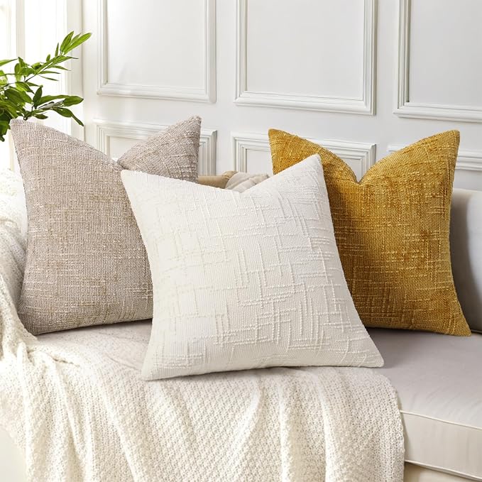 decorUhome Textured Chenille Throw Pillow Covers 20x20 Set of 2 Yellow | Fall Modern Farmhouse Soft Cozy Slubby Couch Pillow Cases Boho Decorative Pillow Cases for Bed Sofa Living Room Home Decor