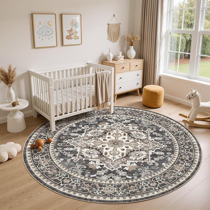 8ft Round Area Rug: Washable Vintage Neutral Soft Non Slip Thin Large Floor Carpet for Living Room Bedroom Kitchen Dining Room Home Office Farmhouse Indoor - Black