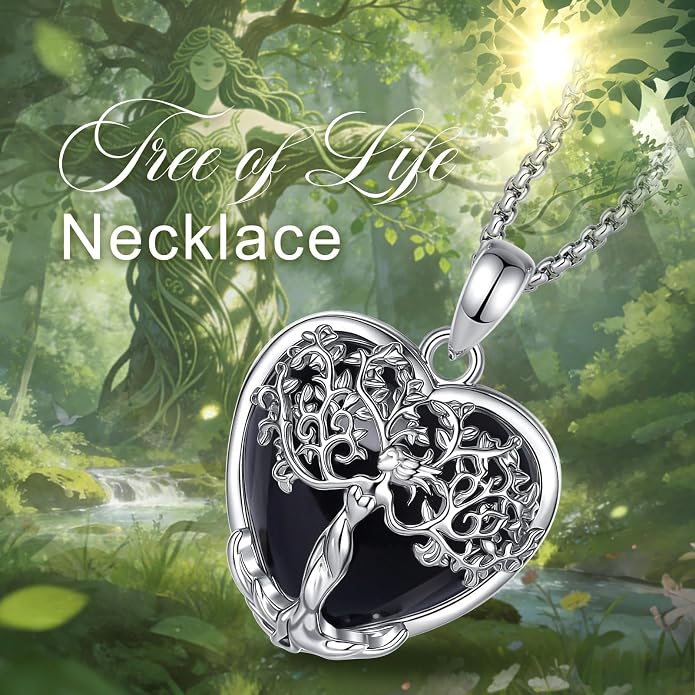 AEONSLOVE Tree of Life Necklace with Crystal for Women, Amethyst/Obsidian/Turquoise/Moonstone/Malachite Crystal Pendant Necklaces for Ladies