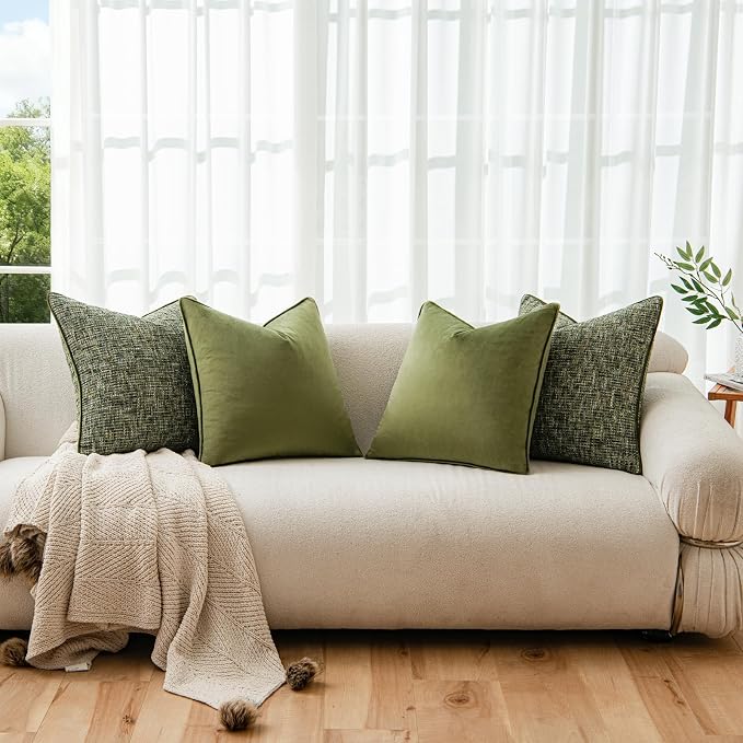 a moment Dark Green 4 Pack Throw Pillow Covers - Chenille & Velvet Set with Piping, Farmhouse Textured Design Cushion Cases for Couch Sofa Bed (18x18 Inch, No Insert)