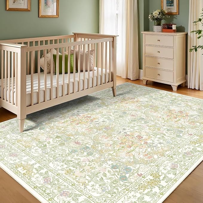 Farmhouse Sage Green Washable Living Room Rug 5x7, Floral Area Rug for Bedroom, Nursery, Dining Room Under Table, Home Office, Low Pile Non Slip Boho Carpet, Soft Cottagecore Botanical Accent Mat