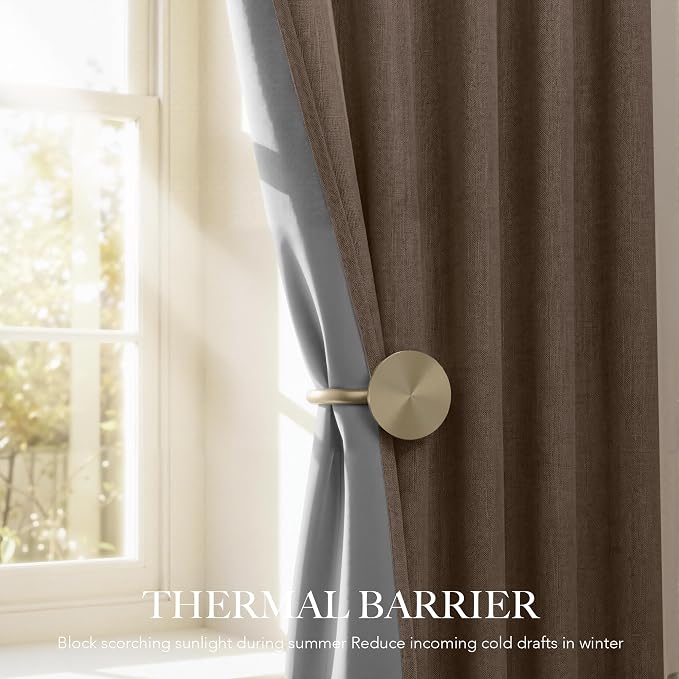 RYB HOME Brown 100% Blackout Linen Curtains 78 inch Long, Thermal Insulated & Privacy Assurd Home Decor Drapes for Bedroom/Office/Nursery, Rod Pocket & Back Tab Window Treatment, W52 X L78, 2 Panels