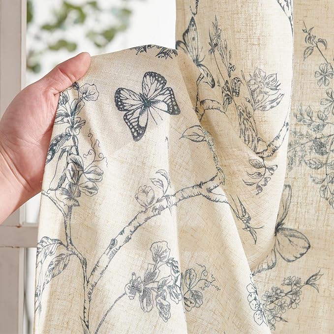 Lazzzy Charlotte Blue Floral Linen Farmhouse Curtains 96 Inches Long Back Tab Drapes for Living Room Bedroom Light Filtering Country Vintage Rod Pocket Curtains,2 Panels, Blue on Beige