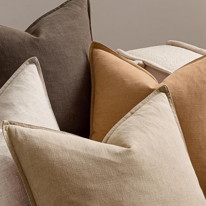 MIULEE Neutral Brown Boho Linen Pillow Covers 18x18 Inch Pack of 4 | Natural Fall Decorative Throw Pillow Covers Soft Farmhouse Couch Pillowcases Modern Decor for Living Room Bed Sofa
