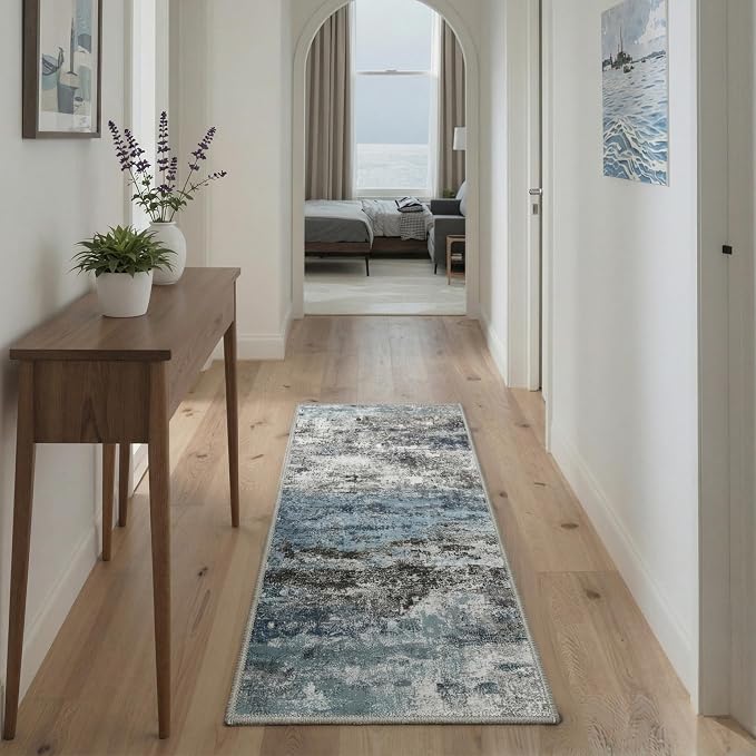 GENIMO Runner Rug Non Slip 2x7, Washable Rug Runner for Hallways Kitchen, Abstract Modern Kitchen Rugs, Low Pile Lightweight Carpet Runners for Entryway, Bedroom, Laundry, Teal Blue