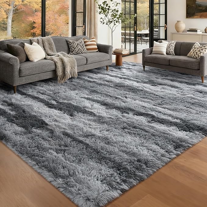 Large Shaggy 6x9 Area Rugs for Living Room Decor, Non-Slip Tie-Dyed Rugs for Bedroom Kids Playroom Dorm Room, High Pile Ultra Soft Carpet, Grey