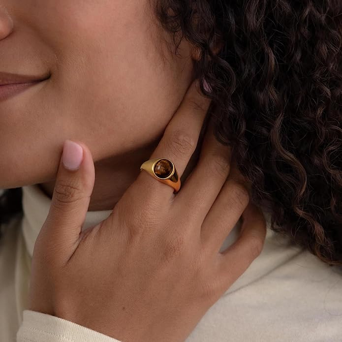 YeGieonr Gold Signet Rings for Women Non Tarnish Gold Rings, Waterproof Gemstones Statement Ring, 18K Gold Plated Stainless Steel Gem Stone Jewelry Gift for Everyday Wear