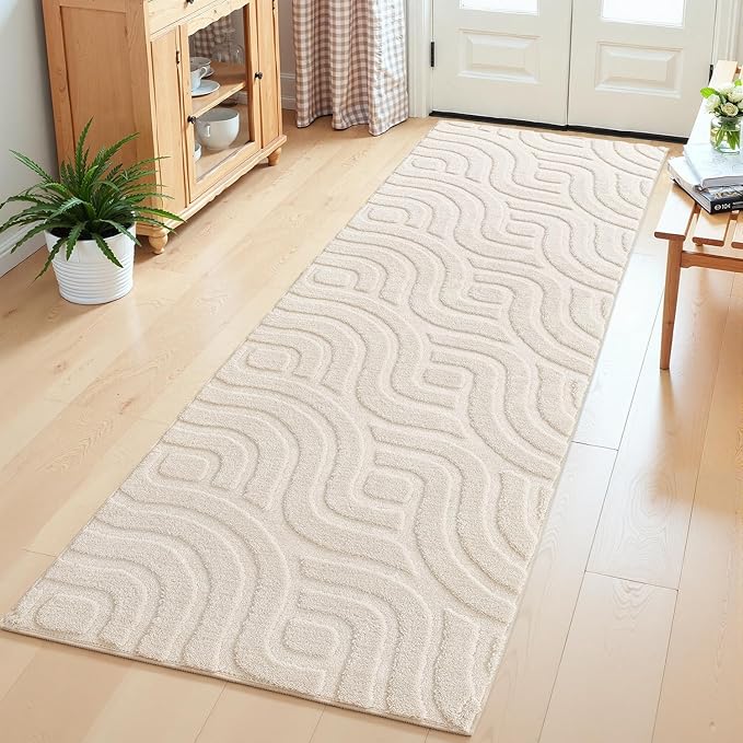 SHACOS 2x6 Runner Rugs for Bedroom Beige Solid Color Fluffy Rug for Living Room Non Slip Washable Indoor Mat Floor Carpet for Hallway Entryway Kitchen Bathroom, High-Low Pile Boho Modern Rug