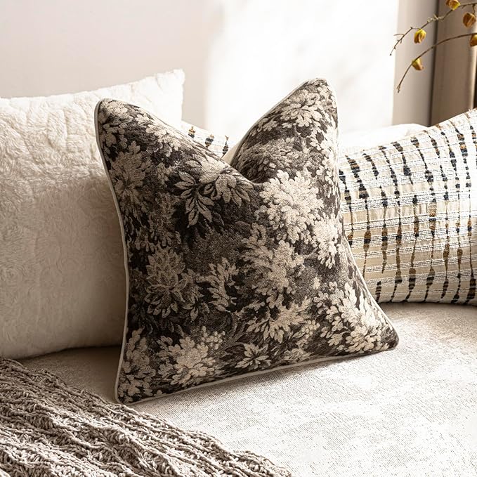 DEZENE Pack of 2 Vintage Floral Throw Pillow Covers 22x22 Boho Farmhouse Accents Chenille Square Decorative Pillow Cases for Living Room Couch Bed Home Decor, Grey