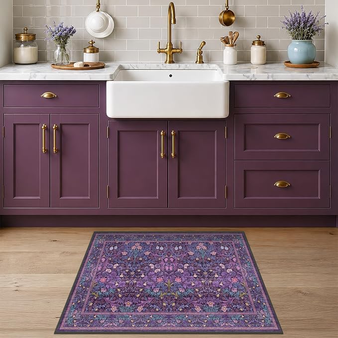 Washable Purple 2x3 Entryway Area Rug, Bohemian Small Throw Violet Carpet for Bathroom, Front Door Indoor, Mudroom, Kitchen, Vintage Farmhouse Plum Floral Décor, Stain & Fade Resistant