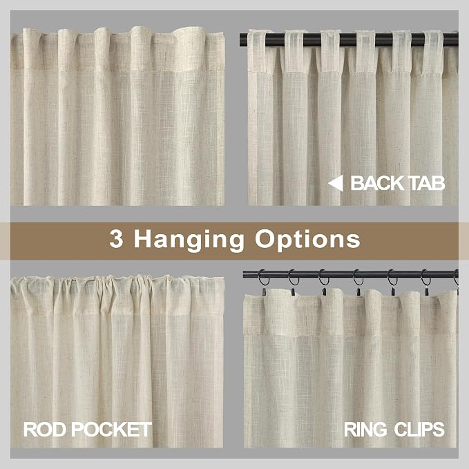 Pitalk Flax Linen Sheer Curtains 68 Inch Length 2 Panel Set for Living Room Back Tab Pocket Pleated Farmhouse Coastal Decor Cotton Textured Gauze Curtain for Dining Room Home Office French Door Beige