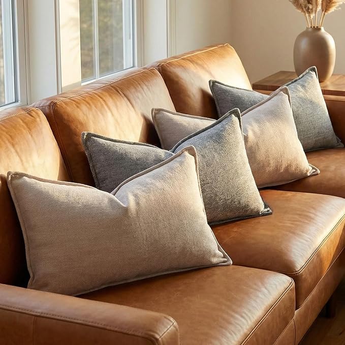 12x20 Inches Throw Pillow Covers Set of 4 Soft Textured Chenille Decorative Cushion Cases for Couch Sofa Bed Modern Farmhouse Neutral Accent Covers with Hidden Zipper Beige Coffee