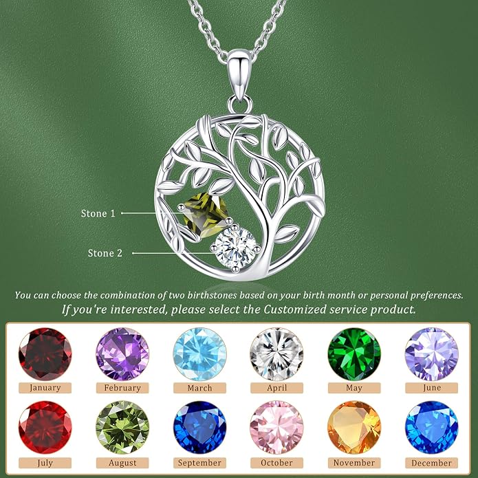 Tree of Life Birthstone Necklace for Women 925 Sterling Silver Birthstone Pendant 12 Months Necklaces with Zircon Birthday Gifts for Women, Mom, Grandma Cable Chain 18"+2"