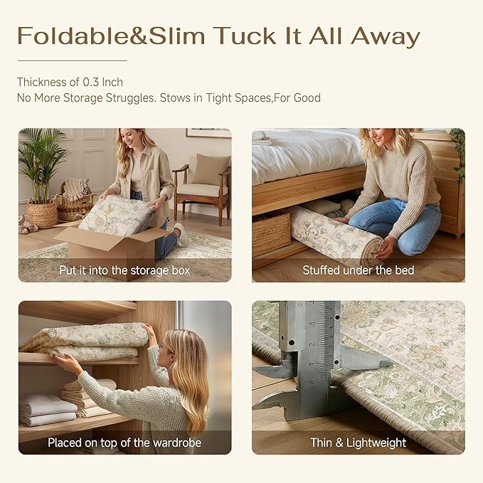 6x9 Sage Green Washable Area Rug Non Slip Vintage Carpet | Soft Low Pile, Lightweight Foldable, Pet Friendly, Living Room, Bedroom, Dining Room, Classroom, Playroom