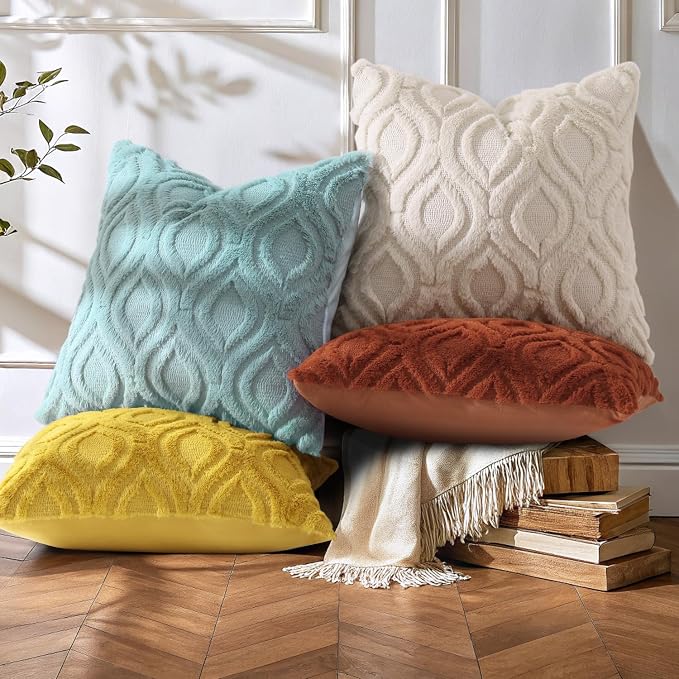 decorUhome Beige Rust Faux Fur Soft Throw Pillow Covers 20x20 Set of 4 | Fall Neutral Decorative Plush Couch Pillow Covers, Accent Modern Farmhouse Neutral Pillow Cases for Sofa Bed Living Room