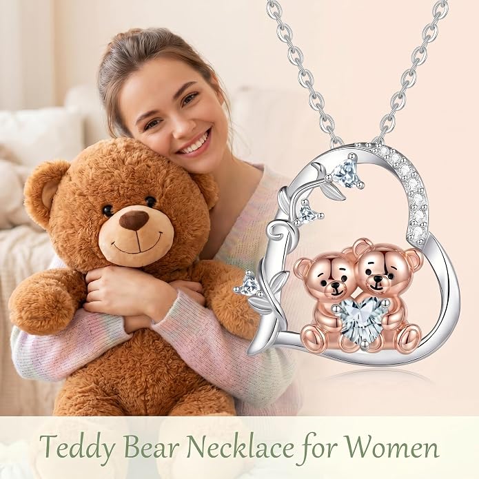 PELOVNY Teddy Bear Necklace for Women 925 Sterling Silver Bear/Highland Cow/Fox/Cat/Axolotl Birthstone Necklace Christmas Birthday Jewelry Gifts for Mom Daughter Wife Sister