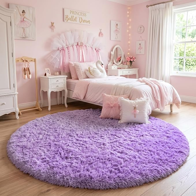 Amdrebio Purple Small Round Rug 3Ft for Girls Bedroom Decor Aesthetic, Fluffy Fuzzy Circle Area Rugs for Kids Room, Soft Cute Furry Plush Shaggy Throw Lavender Carpet for Playroom, Baby Nursery, Dorm