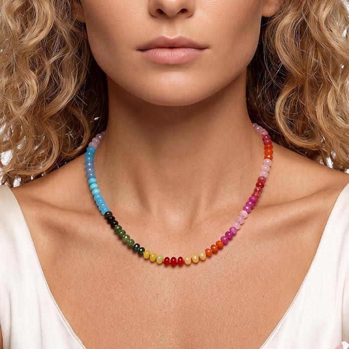 LALAPPLE Colorful Beaded Gemstone Necklace for Women, Boho Rainbow Bead Choker with Natural Stone Crystal Beads, Handmade Summer Beach Necklace Jewelry