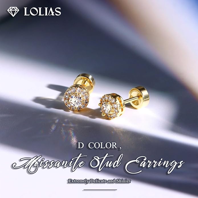 Moissanite Stud Earrings with Flat Back - 925 Sterling Silver D Color VVS1 Moissanite Earring for Women Men,14K White Gold Plated Brilliant Halo Stud Earrings Hypoallergenic Jewelry for Sensitive Ear