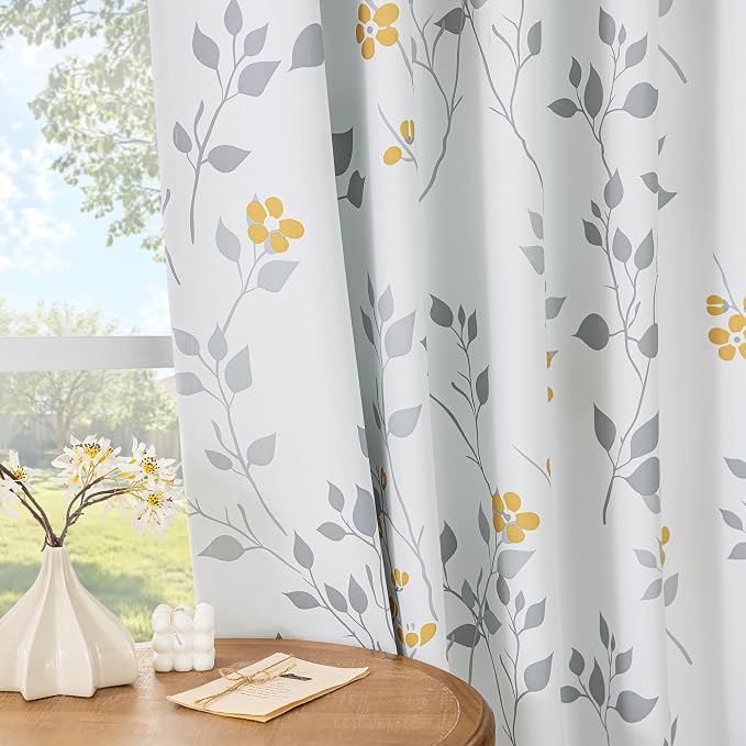 Beauoop Floral 100% Blackout Sliding Door Curtains Yellow Grey 100x84 1 Set | Flower Patterned Yellow White Room Darkening Patio Curtains Extra Wide Room Divider Drapes Thermal Window treatment Grommet