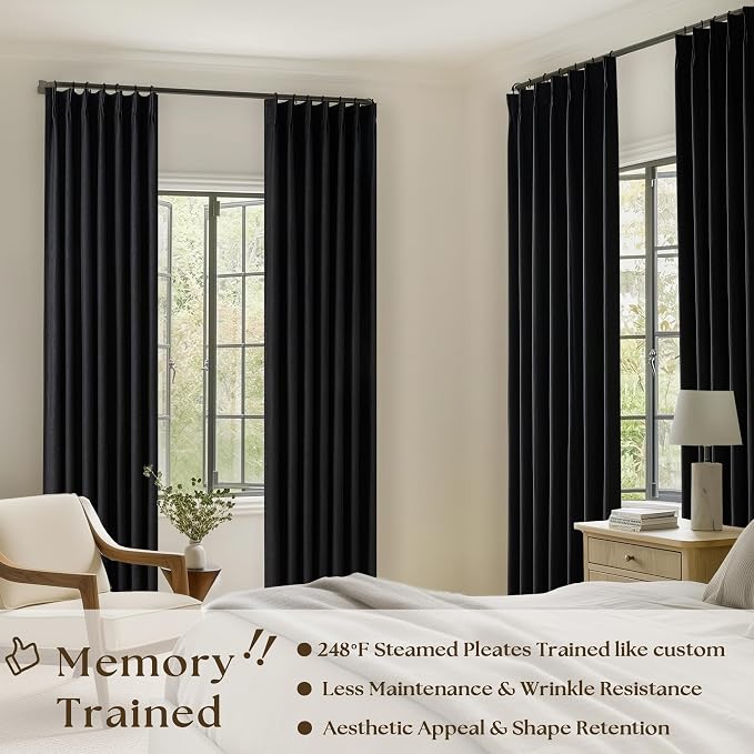 Black Pinch Pleated 100% Blackout Linen Curtains for Bedroom 84 Inch Length | Room Darkening with Liner, Memory Shape Pleat Back Tab, Thermal Insulated, for Living Dining Room Window, W40xL84 2 Panels