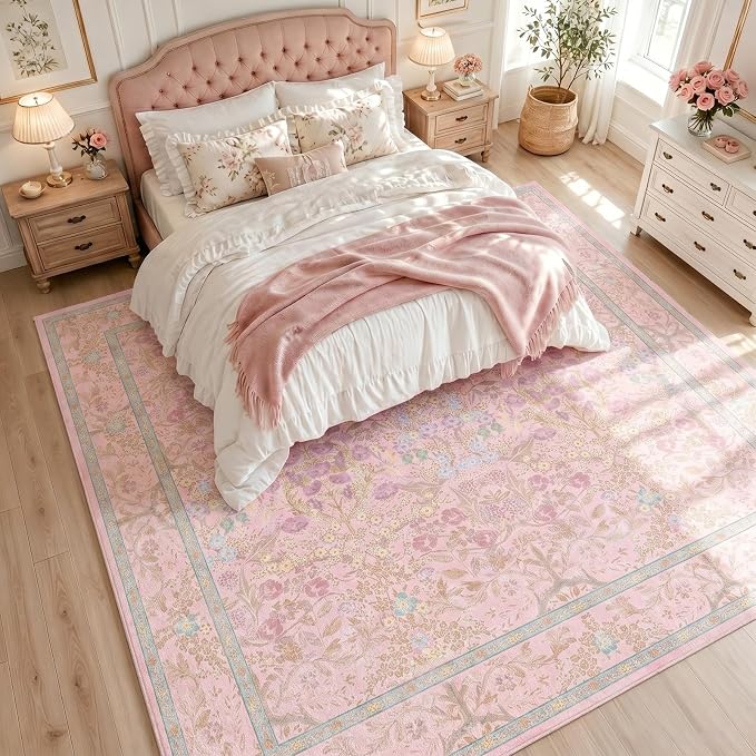 Light Pink Boho Area Rugs for Bedroom Aesthetic 8x10 - Washable Floral Farmhouse Large Rug for Living Room, Dining Room Under Table, Nursery - Soft Cottage Core Carpet with Low Pile & Non Slip