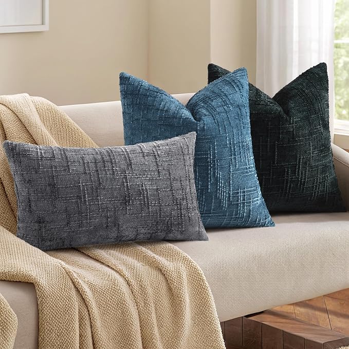 decorUhome Textured Chenille Throw Pillow Covers 20x20 Set of 2 Navy Blue | Fall Modern Farmhouse Soft Cozy Slubby Couch Pillow Cases Boho Decorative Pillow Cases for Bed Sofa Living Room Home Decor