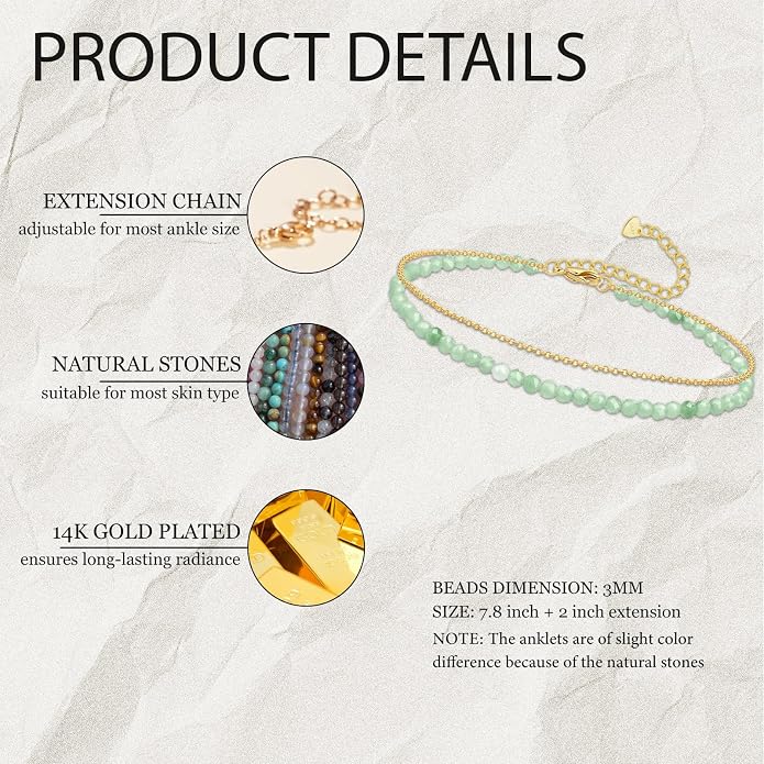 Ankle Bracelet for Women, Dainty 18k Gold Natural Stone Beaded Anklet Adjustable Double Ankle Chain Waterproof Summer Boho Foot Jewelry Birthday Anniversary Graduation Gifts