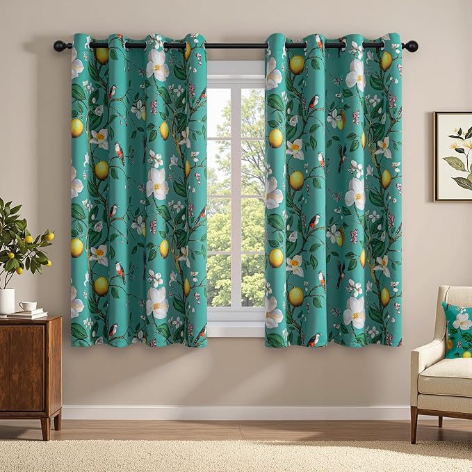 MYSKY HOME Floral Blackout Curtains 63 inch Length 2 Panels Set with Bird Lemon Patterned for Bedroom Room Darkening Noise Reducing Vintage Curtains & Drapes Grommet for Home, 52", Deep Green