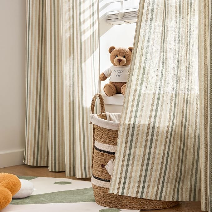 jinchan Linen Curtains 96 inch Green Stripe for Kids Room Grommet 2 Panels | Kids Curtains for Nursery Living Room Bedroom Baby Boys Room,Cute Colorful Ticking Stripe,Cottagecore Rustic,Light Filtering