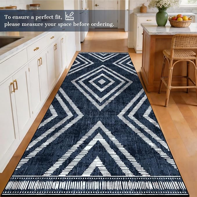 4x10Ft Boho Rug Runners for Hallway Non Slip, Geometric Washable Kitchen Runner Rugs, Navy Blue Soft Wide Modern Farmhouse Entryway Floor Carpets for Entrance Doorway Bedroom Home Decor