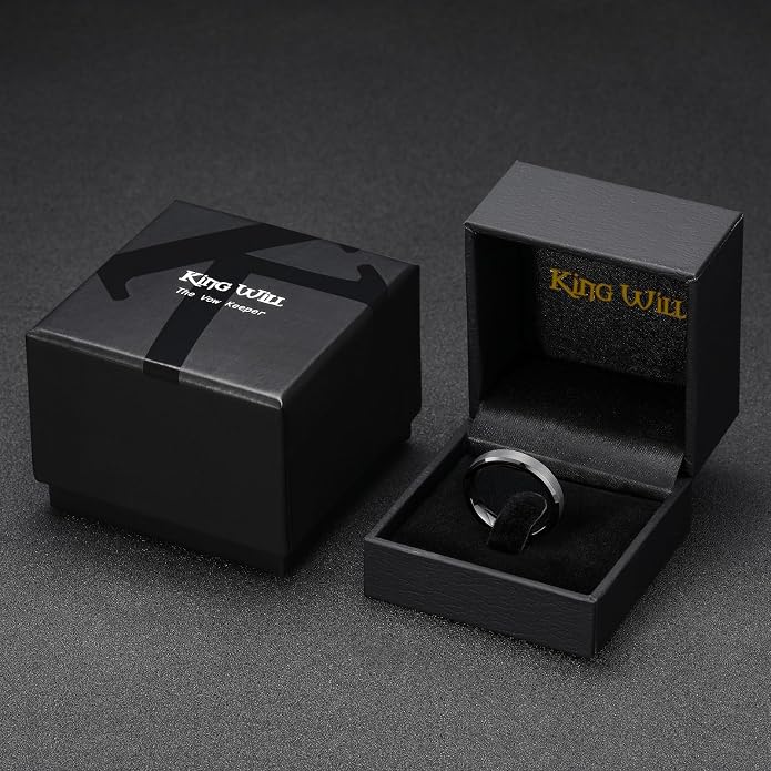 King Will Tungsten Men's Wedding Ring - Available in 6mm to 10mm, Black/Silver, Matte Finish, Beveled Polished Edge, Comfort Fit