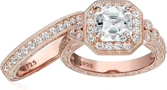 Amazon Essentials Platinum or Gold Plated Sterling Silver Antique Ring set with Asscher-Cut Infinite Elements Cubic Zirconia