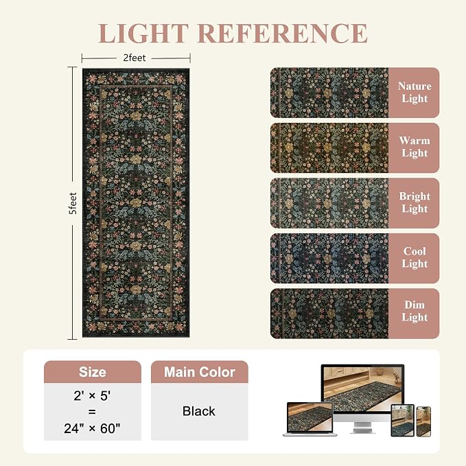 DUKINO 2x5 Rug Runner, Washable Vintage Floral Bathroom Rugs, Black | Non Slip, Low Pile, Stain Resistant, Lightweight Soft Carpet Runner for Laundry Room Kitchen Hallway Bedroom, Non-Shedding