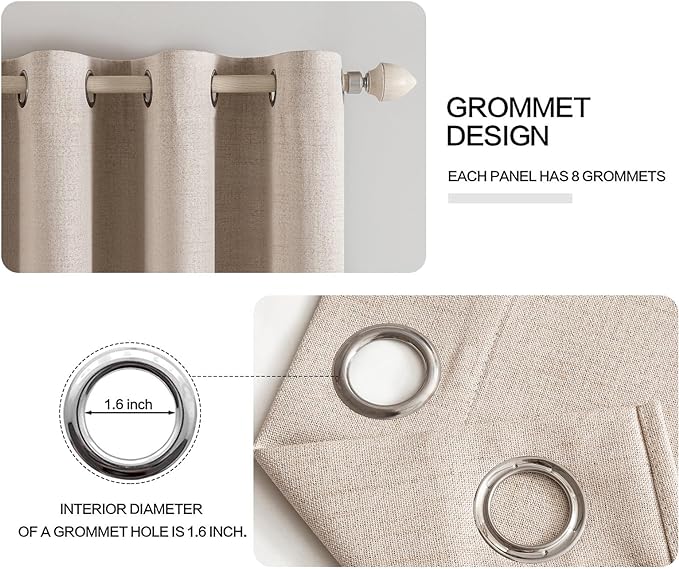 MIULEE 100% Blackout Linen Textured Curtains for Bedroom Solid Thermal Insulated Natural Beige Grommet Room Darkening Curtains & Drapes Luxury Decor for Living Room 62 x 96 Inch (2 Panels)