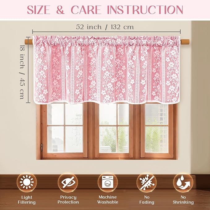 ASPMIZ Pink Valances for Windows Farmhouse Valance Curtains for Kitchen, Double Layer Kitchen Curtains with Linen Lace, Rod Pocket Window Valances for Small Window, Cafe, Bathroom, Living Room, 52x18