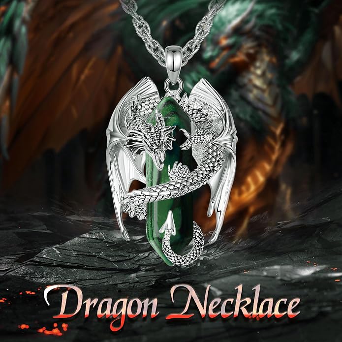 INFUSEU Unique Dragon Necklaces with Healing Crystal Stone for Men Women, Personalized Spiritual Gifts, 24 Inch Chain