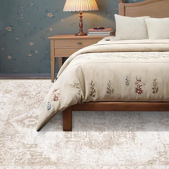 Area Rug 5x7 Vintage Rug: Washable Indoor Medallion Rugs Low Pile Distressed Floor Carpet Retro Accent Rug for Living Room Bedroom Kitchen Dining Table Home Office(Beige, 5'x7')