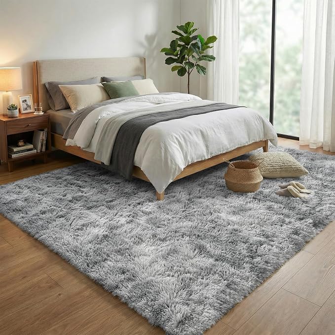 Fluffy 5x7 Area Rugs for Bedroom: Tie-dye Light Grey Soft Shag Rug for Living Room, Large Fuzzy Plush Indoor Floor Carpet Non Slip Modern Rug for Nursery Boys Girls Kids Room Playroom Dorms Home Decor