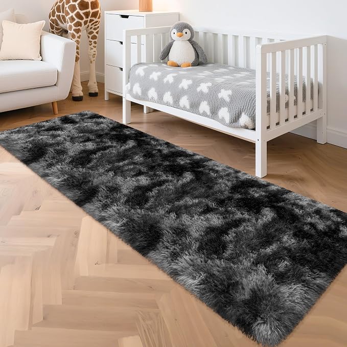 2x8 ft Plush High Pile Black Tie-Dyed Rug Fluffy Soft Runner Bedside Rug for Bedroom Living Room Hallway Nursery Kids Home Decor Shag Carpet