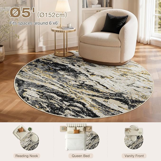 Area Rugs for Living Room: 5ft Round Abstract Washable Rug Modern Neutral Large Soft Stain Resistant Non-Slip for Bedroom Dining Room Indoor Home Office Carpet - Black Gold