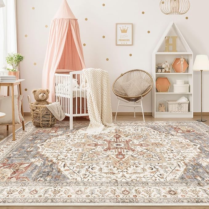 Tortania Area Rug Living Room Rugs - 9x12 Washable Boho Rug Vintage Oriental Distressed Farmhouse Large Thin Indoor Carpet for Living Room Bedroom Under Dining Table Home Office - Orange Multi