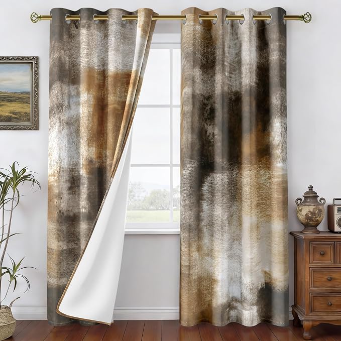 Asuexpect Abstract Curtains for Living Room 2 Panels Abstract Rust Curtain Room Darkening Grommet Window Drapes Modern Decorative Window Treatments for Bedroom, 52x96 Inches, Tan
