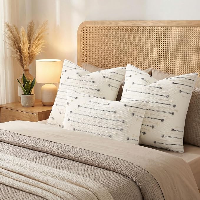 Mecatny Boho Summer Outdoor Throw Pillow Covers 12X20 Set of 2, Farmhouse Lumbar Pillow Covers for Couch Sofa Living Room, Beige & Grey